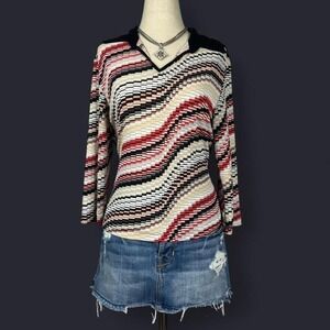 Vintage Y2K Funky Striped Collared Top Womens Petite M 3/4 Sleeve